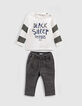 Baby boys&rsquo; light beige/khaki T-shirt and grey jeans outfit-1