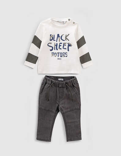 Baby boys&rsquo; light beige/khaki T-shirt and grey jeans outfit - IKKS