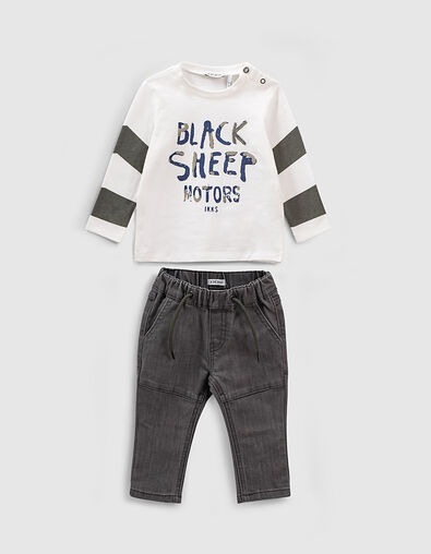 Ensemble tee-shirt blanc et kaki et jean gris bébé garçon  - IKKS