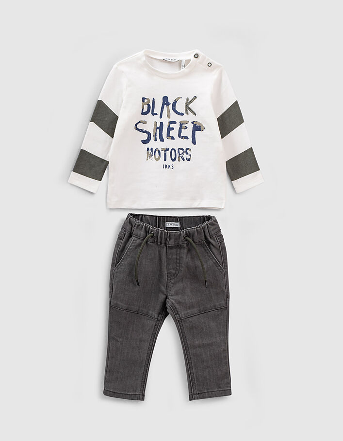 Baby boys’ light beige/khaki T-shirt and grey jeans outfit - IKKS
