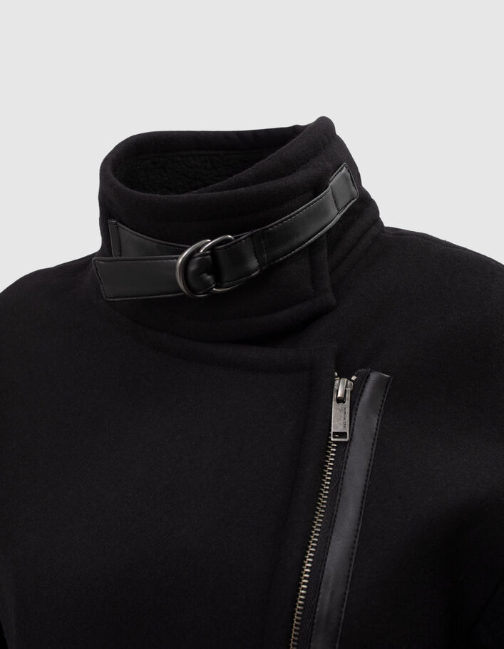 Zwarte mantel in wolmix gedestructureerde kraag kunstleer - IKKS