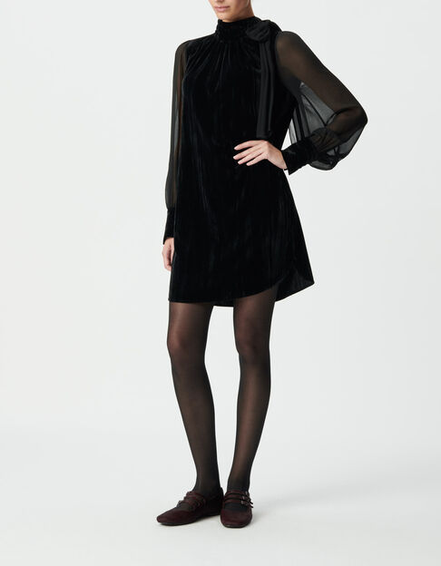 Schwarzes Damenkleid Mischgewebe Crinkle-Samt Voile - IKKS