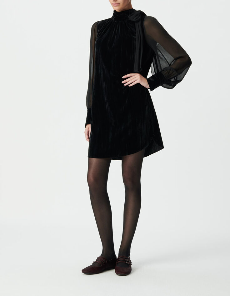 Women&rsquo;s black crushed velvet and voile mixed fabric dress-1