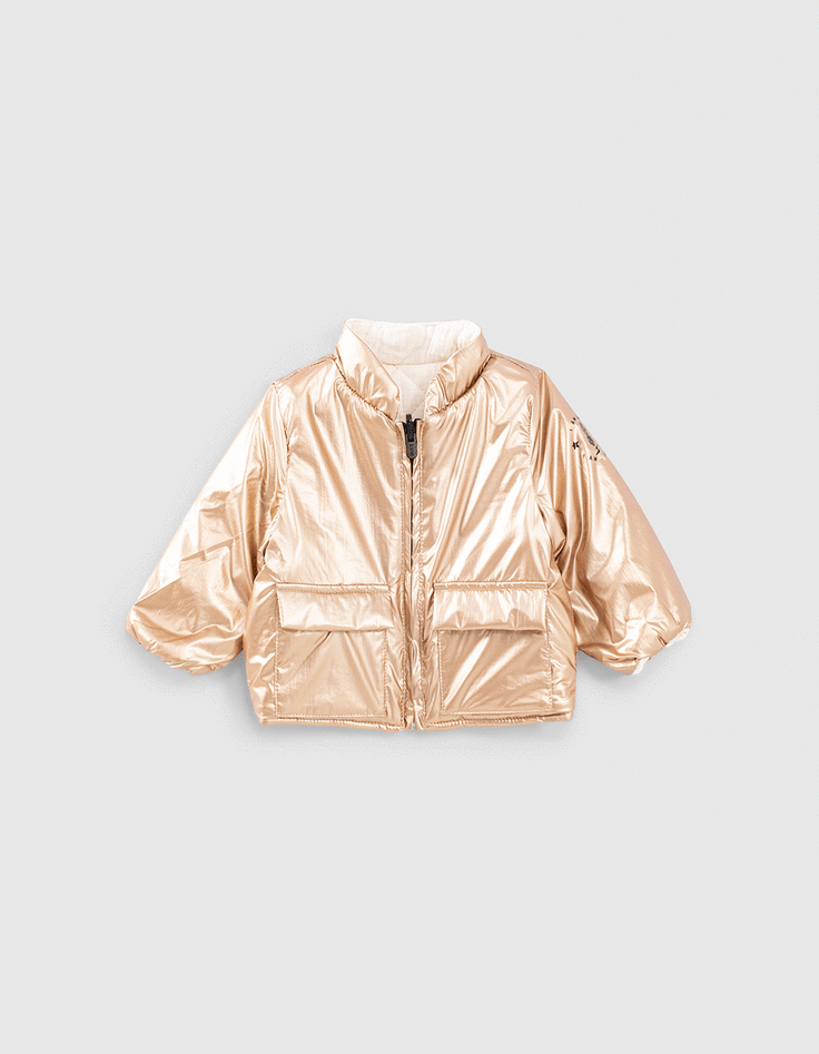 Baby girls’ gold nylon and ecru quilted reversible jacket-1 Baby girls’ gold nylon and ecru quilted reversible jacket-1