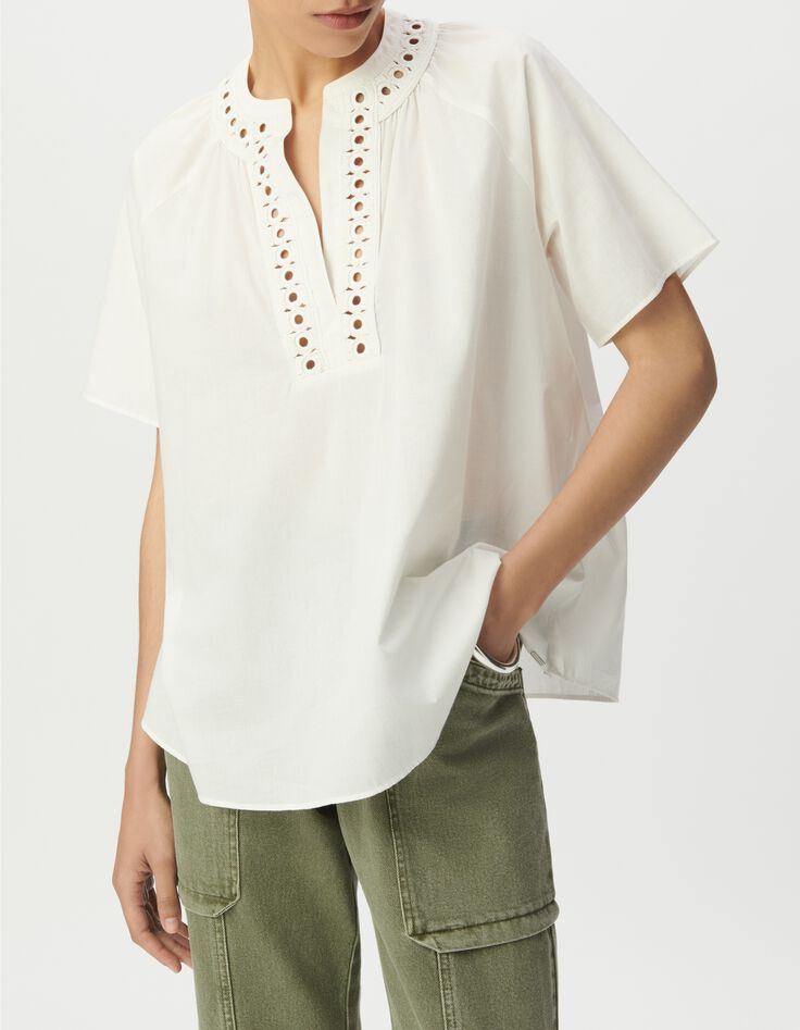 Blusa holgada de Mujer en algod&oacute;n org&aacute;nico crudo con escote bordado-1