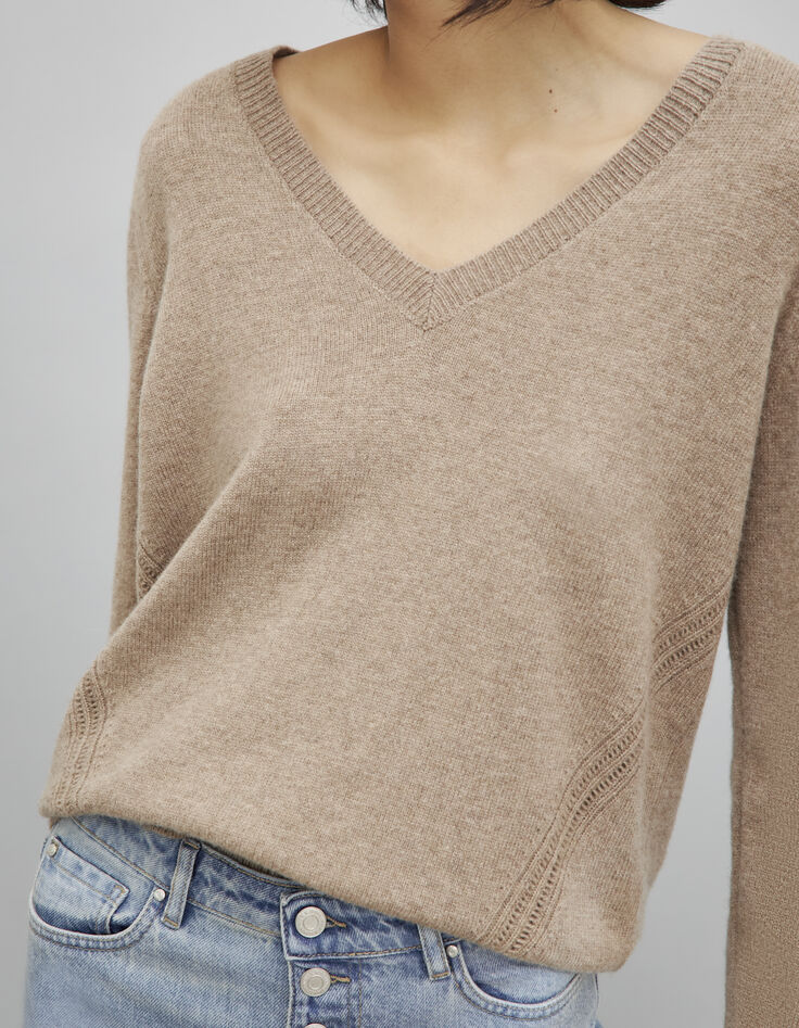Pull caramel en maille fine avec épaulettes femme-4