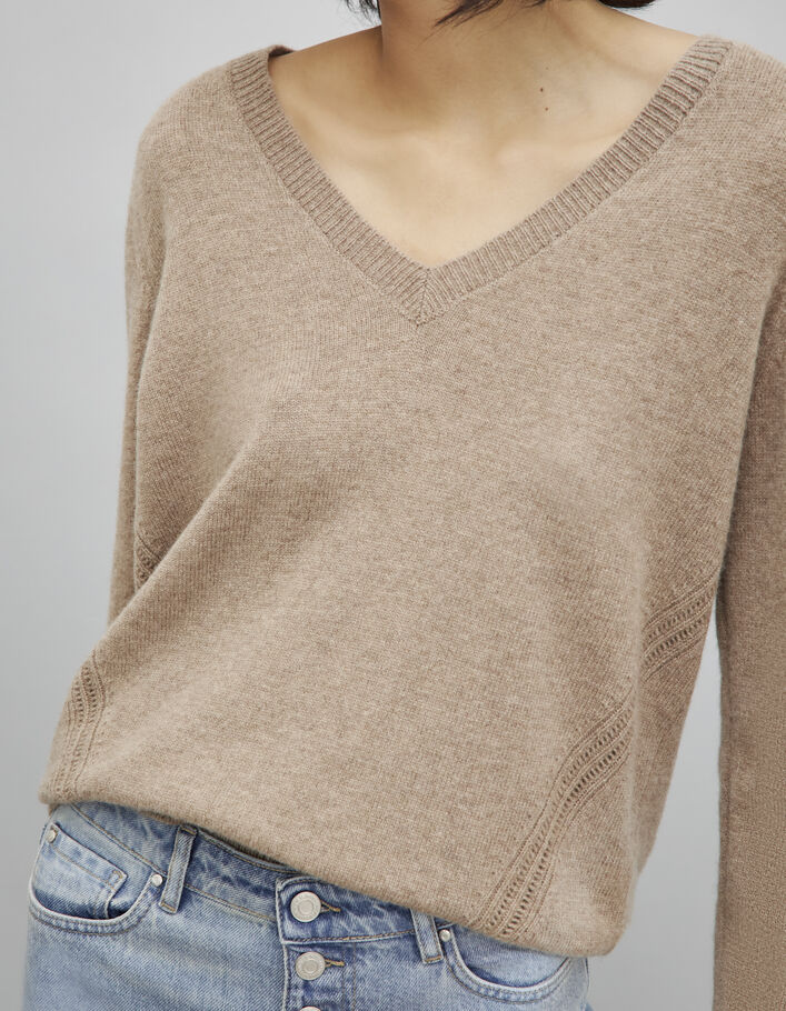 Women’s caramel fine knit sweater with epaulets - IKKS