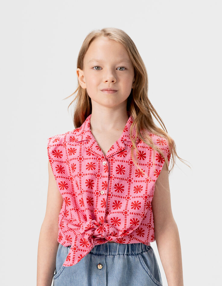 Girls’ pink sleeveless top with red graphic print-1 Girls’ pink sleeveless top with red graphic print-1