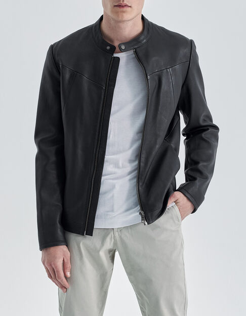 Blouson motard noir en cuir Homme