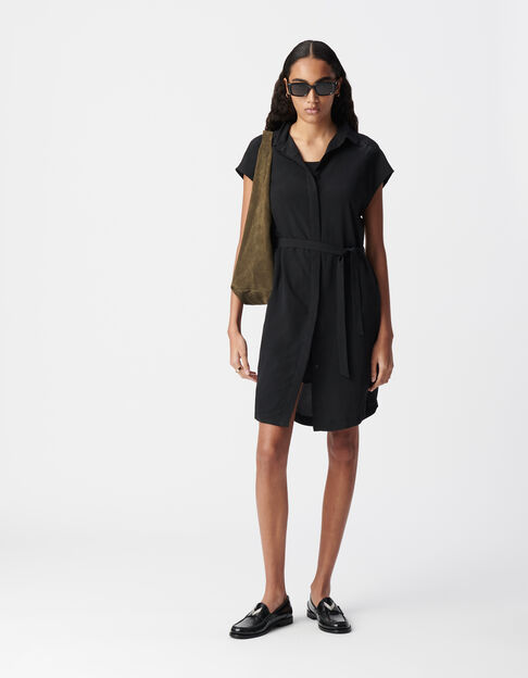 Women's black recycled polyester shirt dress with rhinestone pattern - IKKS