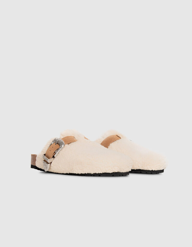 Women’s ecru shearling mule clogs with cowboy buckle-4