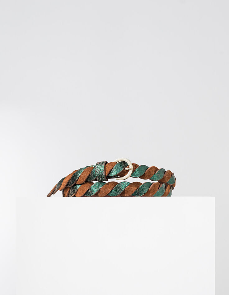 Cognackleurige en metallic groene gevlochten riem I.Code-1 Cognackleurige en metallic groene gevlochten riem I.Code-1