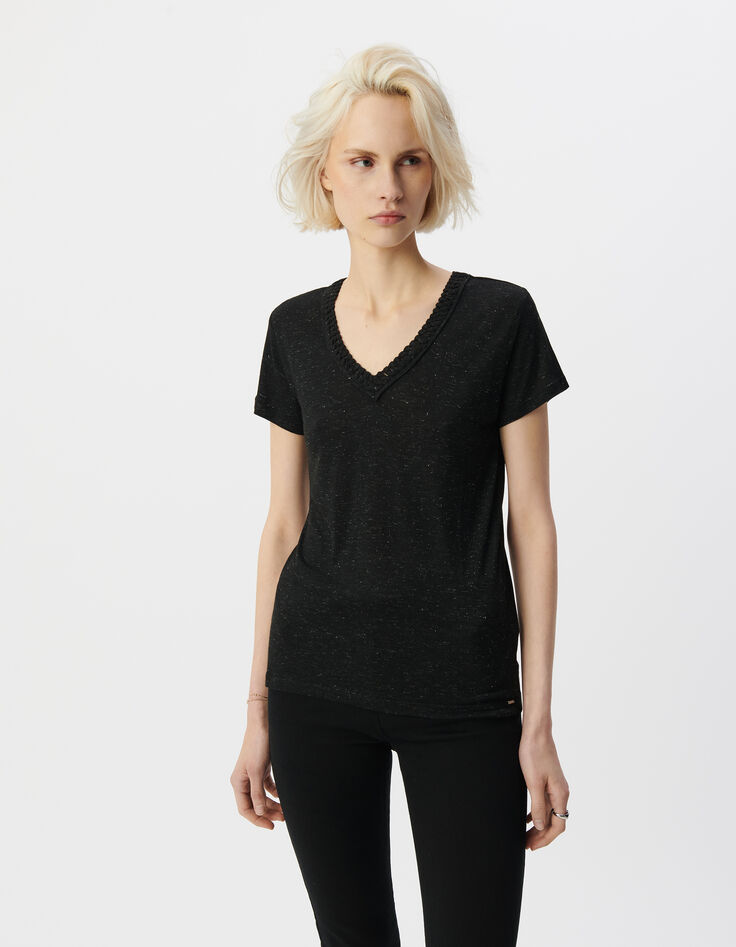 Women’s black woven lurex reversible V-neck T-shirt-2