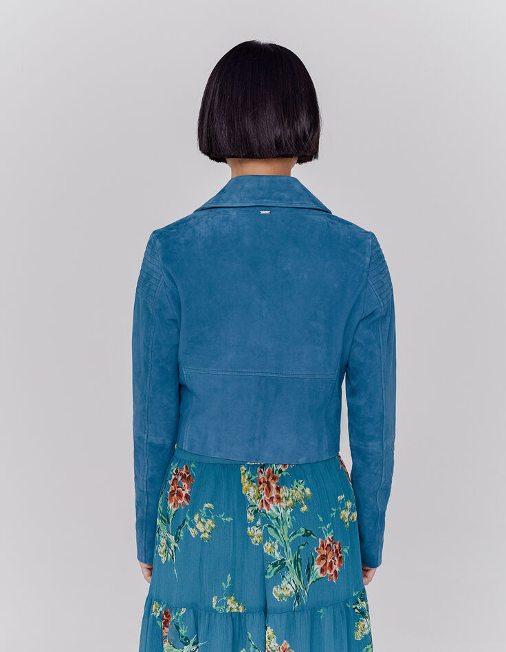 Women’s emerald blue goatskin suede short jacket-3