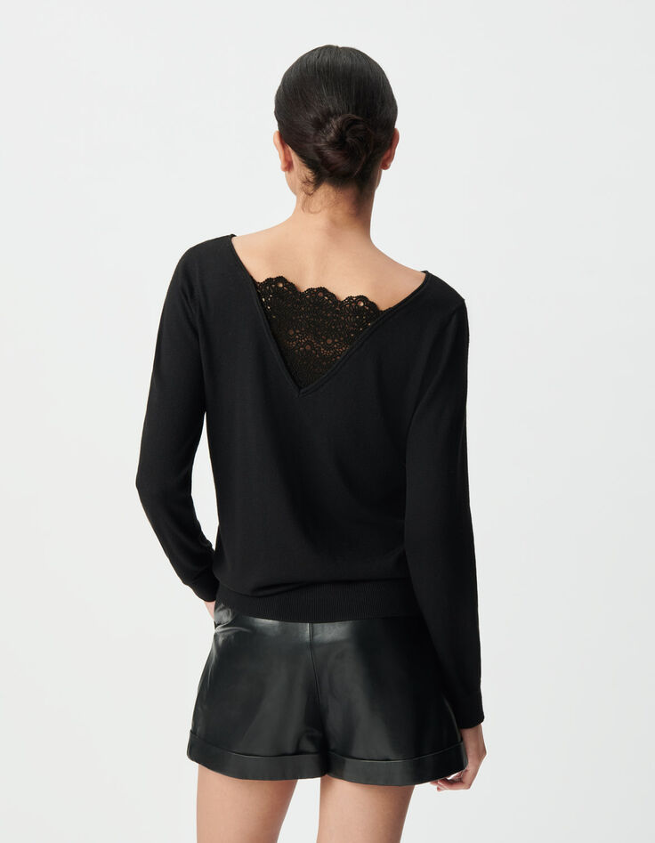 Jersey negro punto fino corte encaje espalda mujer-3