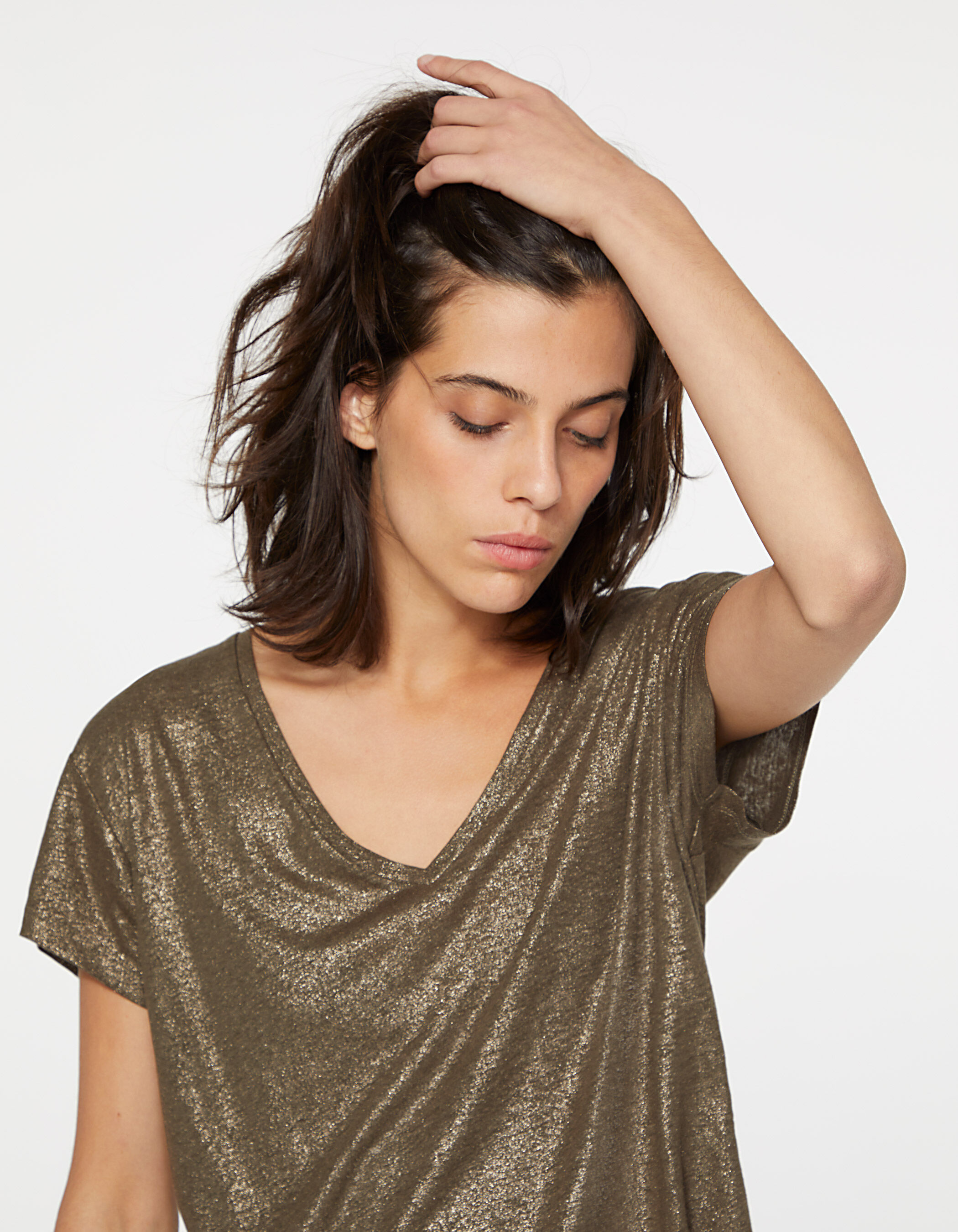 Camiseta cuello de pico cobrizo de lino foil corte ancho mujer IKKS