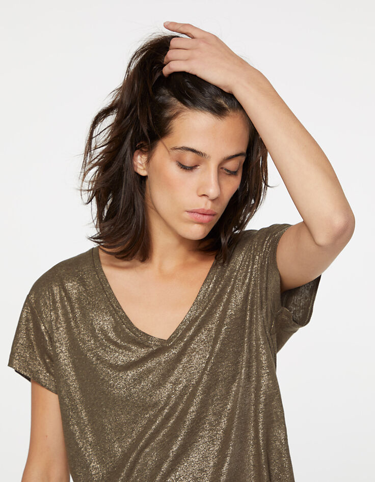 Women's bronze foil linen wide-cut V-neck T-shirt-1
