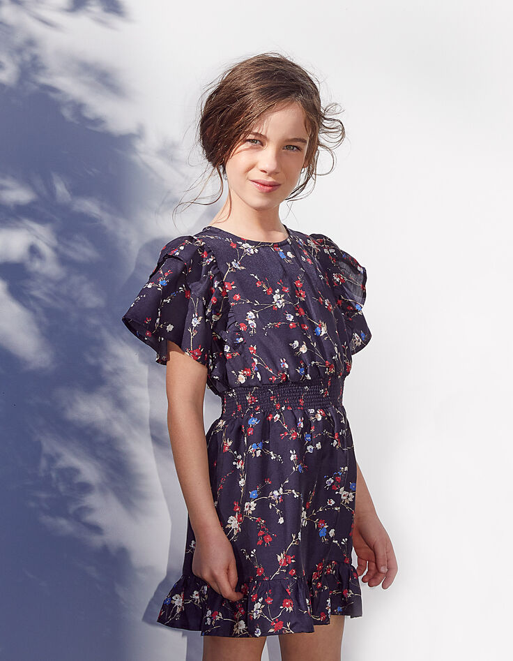 Robe marine mini me imprimé fleurs fille -1