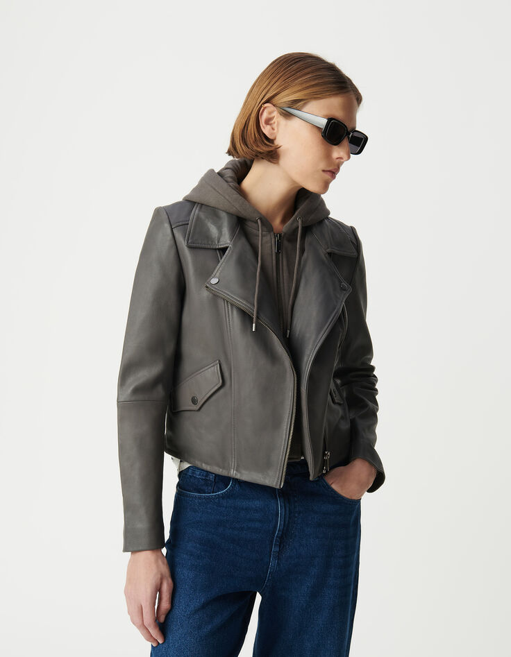 Graue Lederjacke, Bikerstil, Verzierungen-3 Graue Lederjacke, Bikerstil, Verzierungen-3