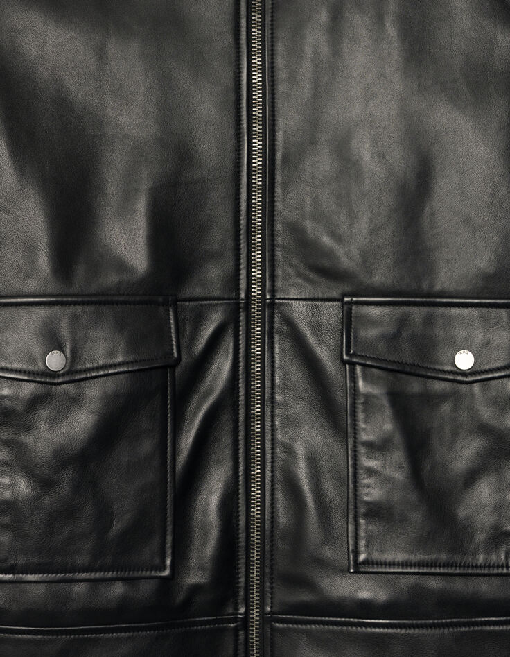 Blouson aviateur noir en cuir sherpa amovible Homme-7 Blouson aviateur noir en cuir sherpa amovible Homme-7