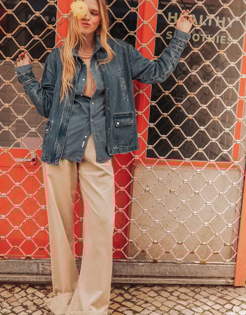 Veste en jean bleu col velours &eacute;cru Femme - IKKS