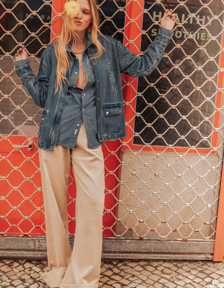 Women's blue denim jacket with ecru velour collar-1