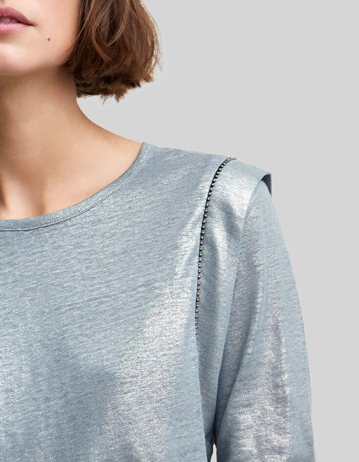 Tee-shirt bleu orage lin foil décor micro perles Femme-4