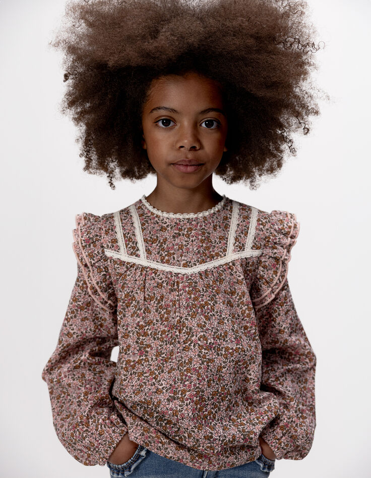 Blouse rose imprimé fleurs d'automne fille-3