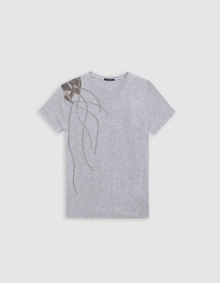 Tee-shirt gris décor perles métallisées épaule Femme-5
