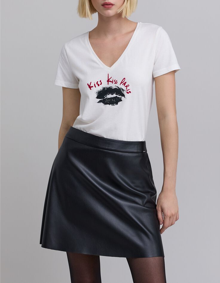 Elfenbeinfarbenes T-Shirt mit beflockter Botschaft Damen-2