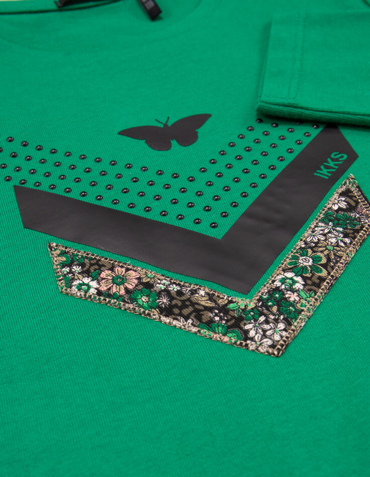 Multi-Material-T-Shirt Grün Mädchen mit Fischgrätenmuster-5
