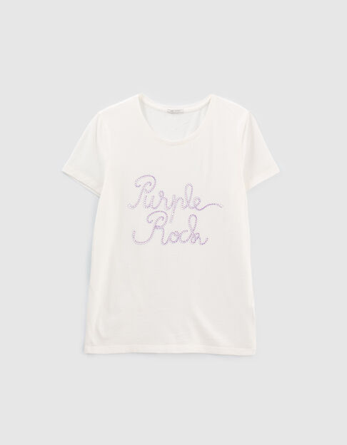 Weißes Damen-T-Shirt mit Message und Ziernieten in Lila