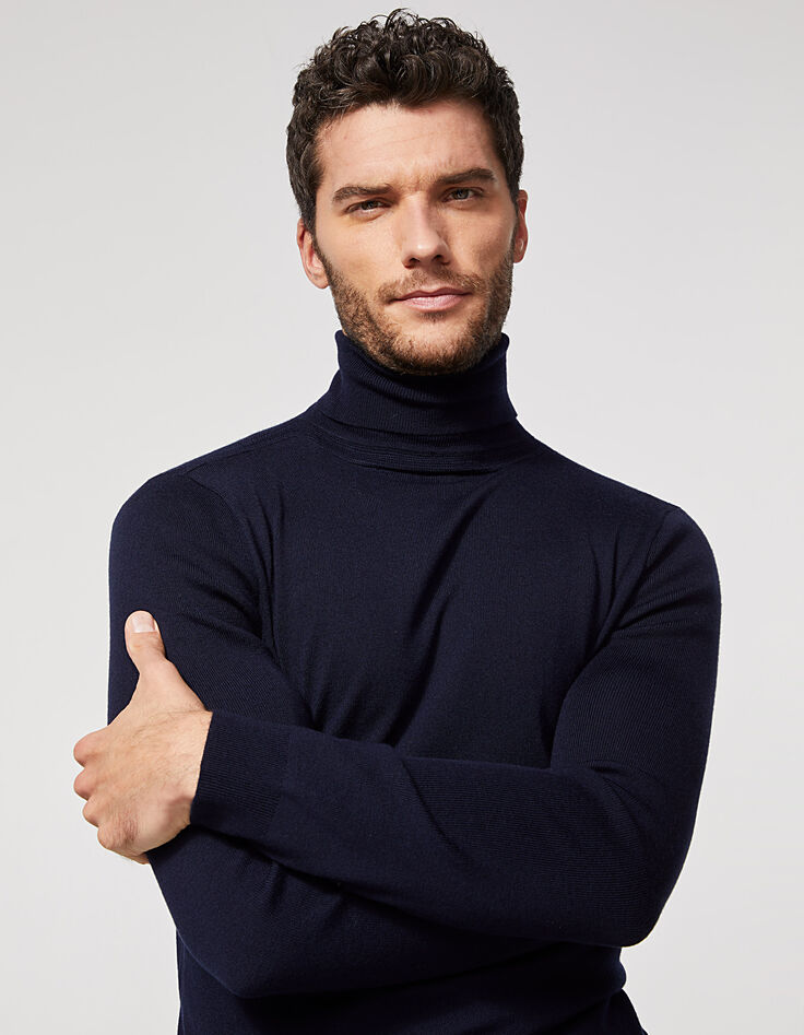 Pull marine à col roulé en laine mélangée Homme-1