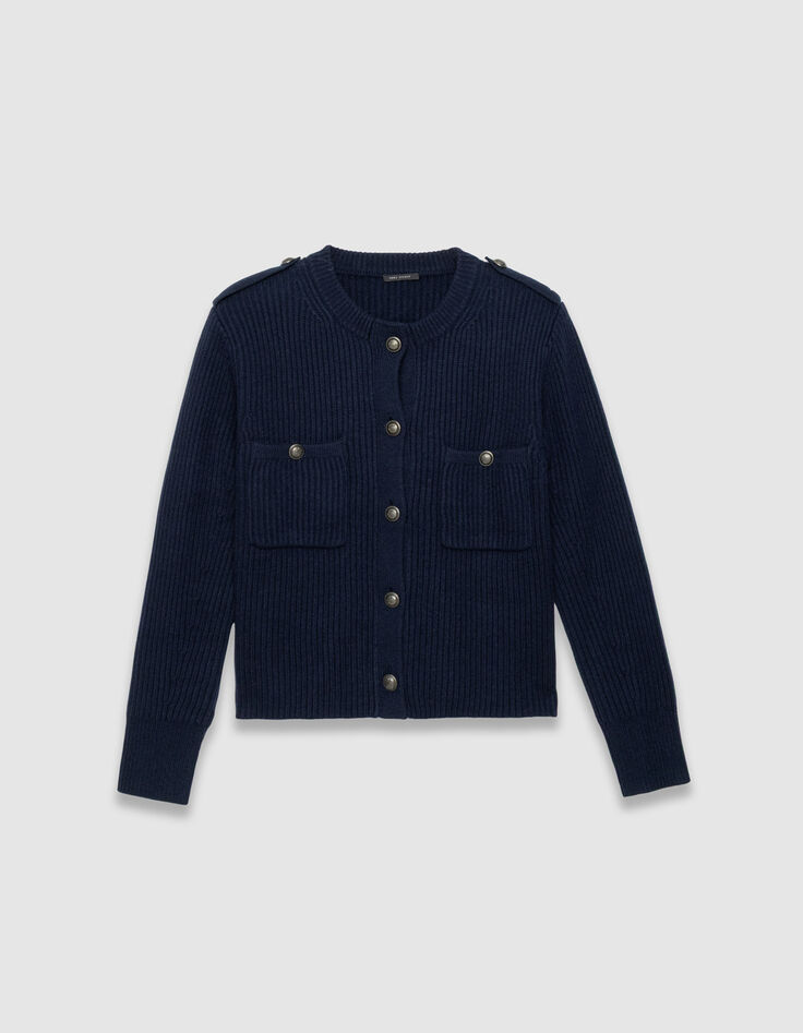 Marineblaue Damen-Kurzstrickjacke 100 % Rippwolle-6