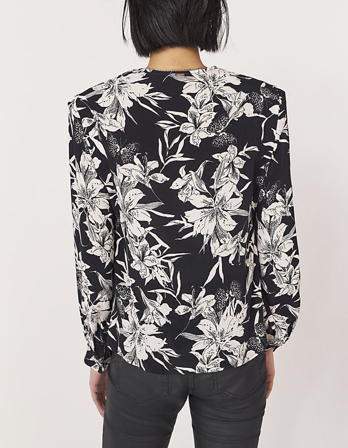 Zwart-witte blouse van crêpe met bloemenprint voor dames - IKKS