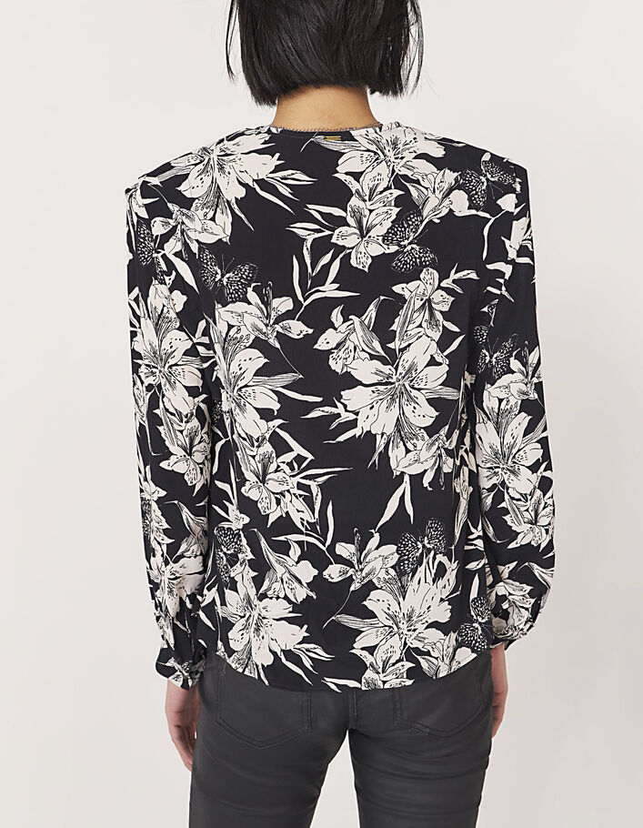Women's black and white floral print crepe blouse-3