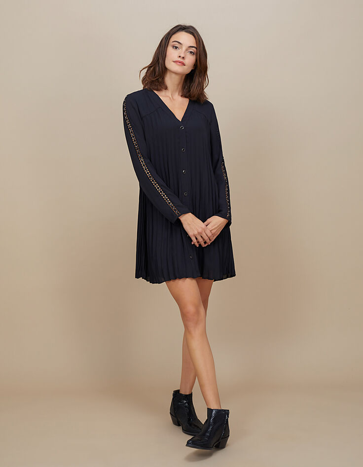 Robe noire plissée avec galons ajourés et cloutés I.Code-6