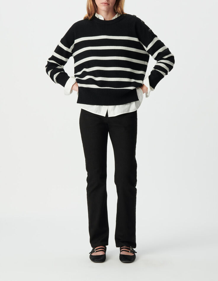 Schwarzer Damen-Marinepulli 100 % Wolle Schulterkn&ouml;pfe-1
