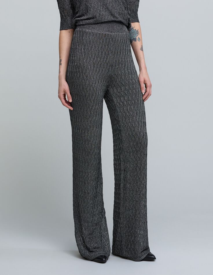 Pantalon gris maille fine graphique ajourée Femme-2