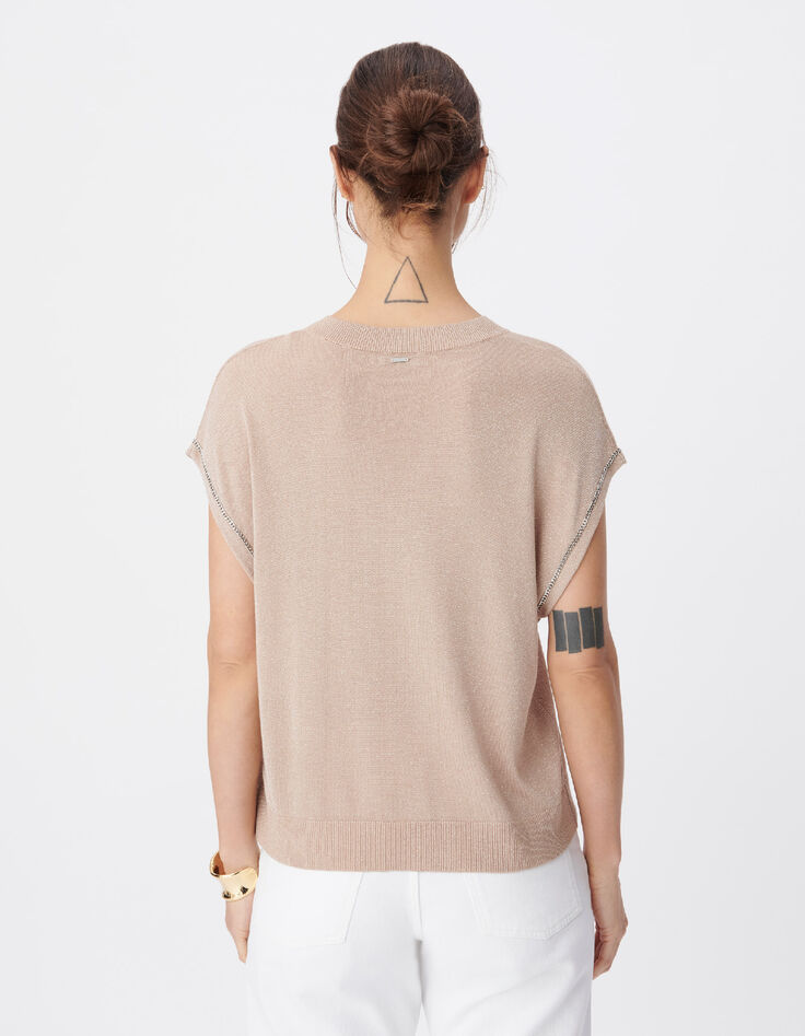 Pull sans manches beige lurex d&eacute;tails chainettes Femme-3