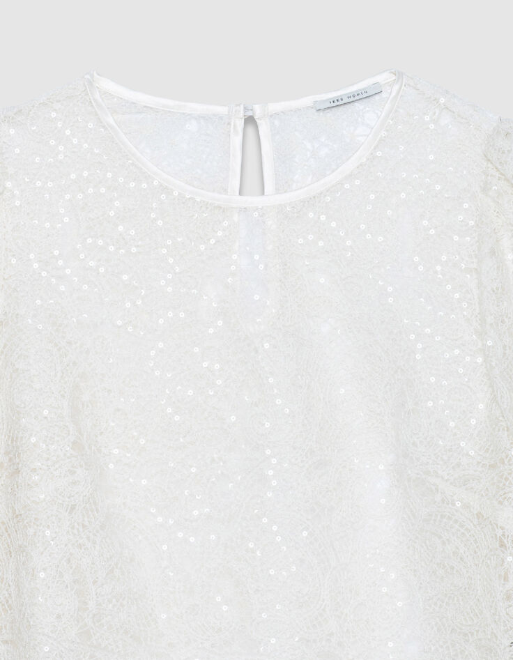 Mujer blusa corta de puntilla blanca-9