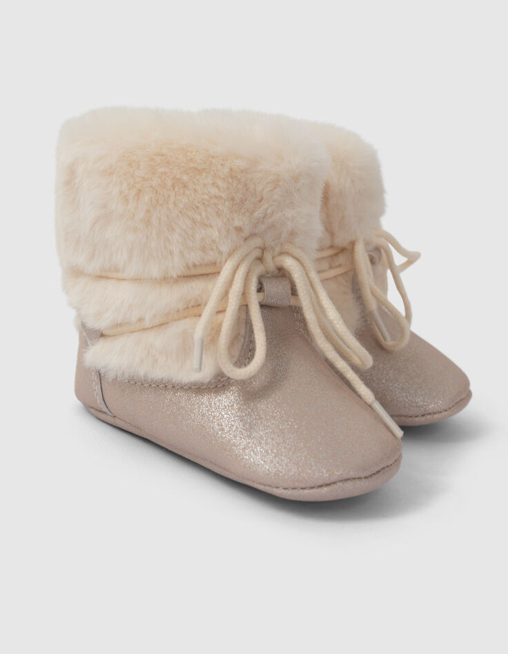 Bottines écrues bi matière fourrées et lacées bébé fille-4