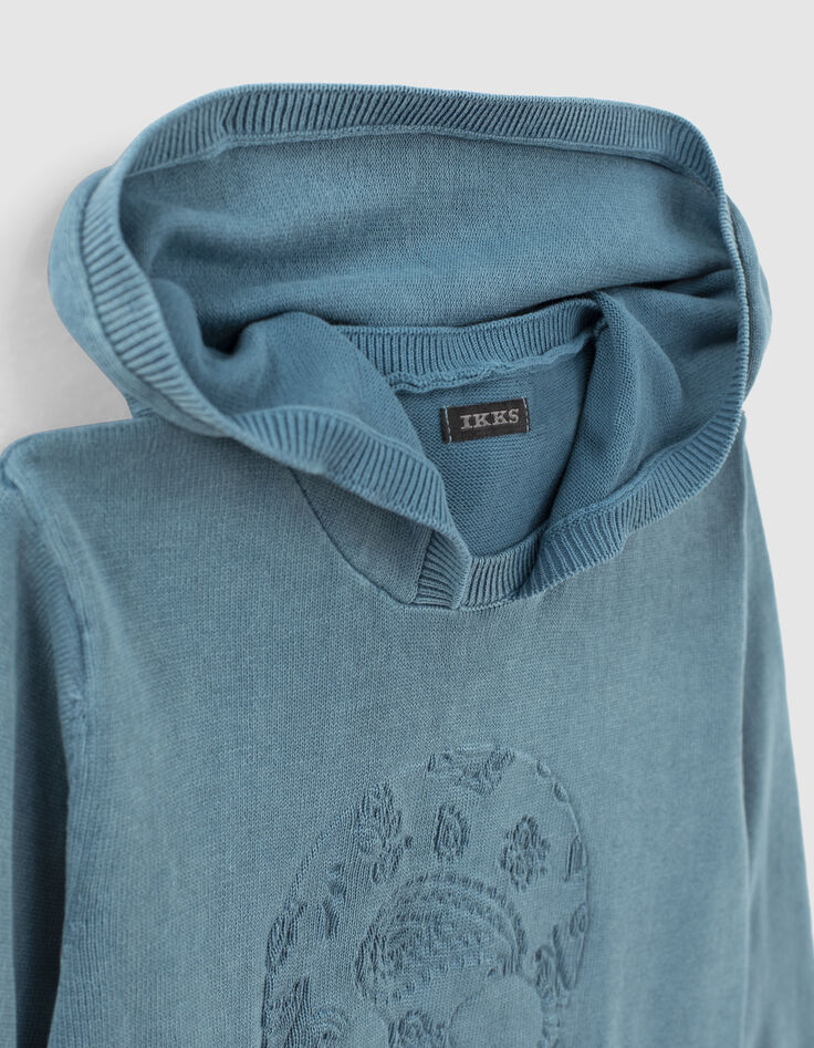 Boys’ blue knit sweater with embossed skull and hood-2