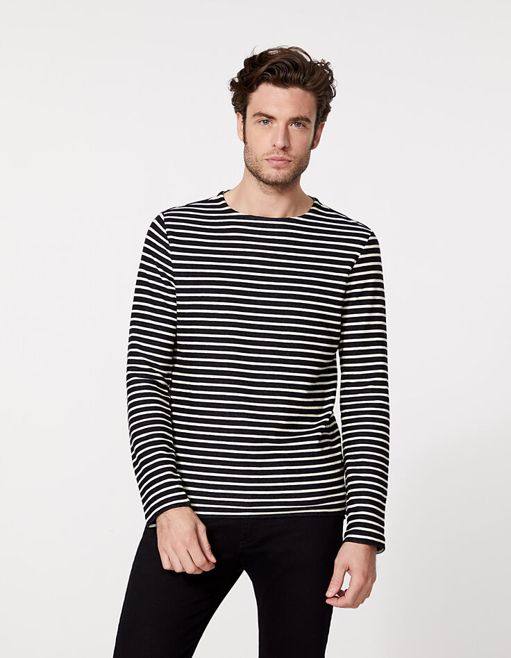 Tee-shirt marinière noir rayé blanc cassé Homme-3