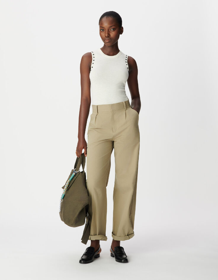 Khakifarbene Damen Ballonhose mit Abn&auml;hern-1