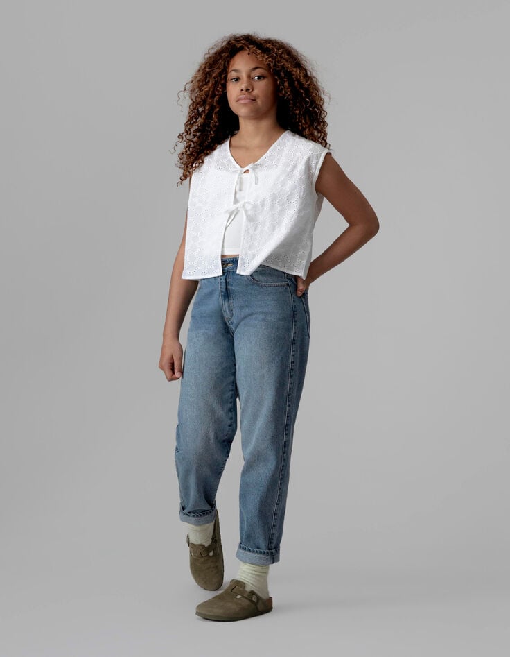 Camisa sin mangas blanca encaje anudada delante niña-1 Camisa sin mangas blanca encaje anudada delante niña-1