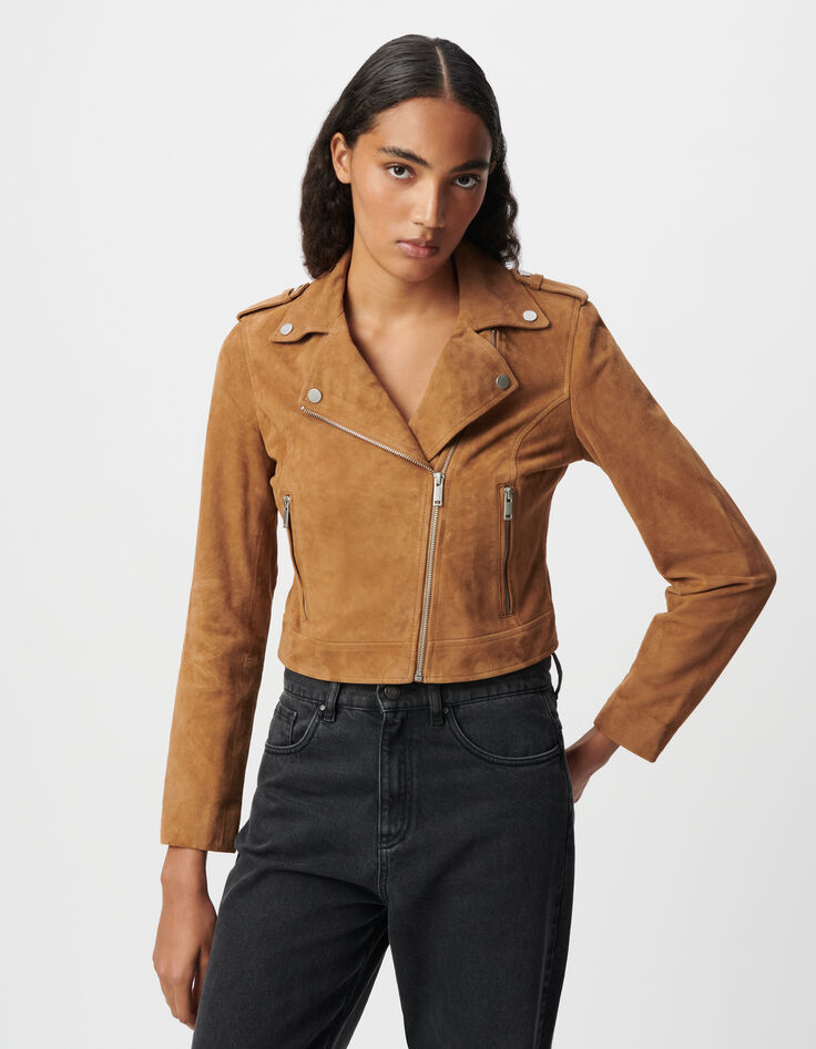 Veste camel cuir velours esprit motard Femme-5