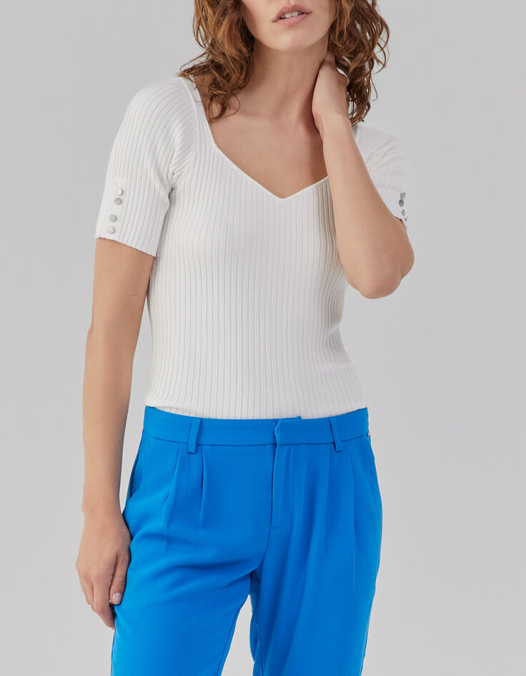 Pull blanc cassé en tricot côtelé à col carré en V Femme-1
