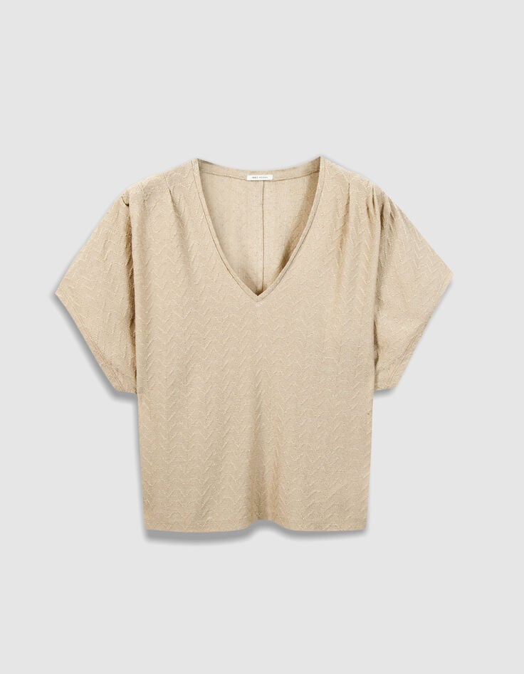 Vrouwen-T-shirt met V-hals en soepelvallende pasvorm in goudkleurig visgraatpatroon-6