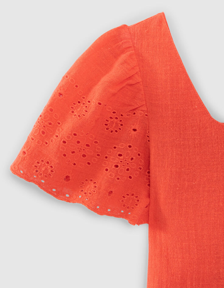 Top rouge col carré broderie anglaise fille-5